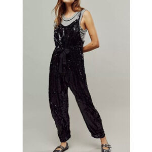 FREE PEOPLE Jumpsuit XS Love Again Harem One Piece Sequin Slouchy Bow Tie Black